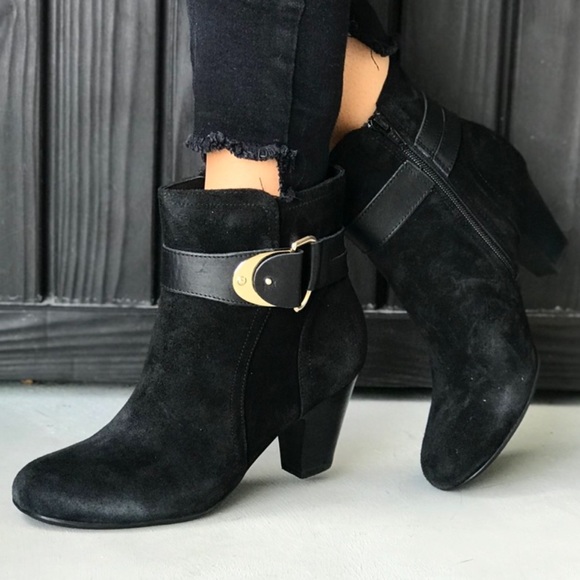Black Distressed Suede Block Heel Ankle Booties - Picture 2 of 8